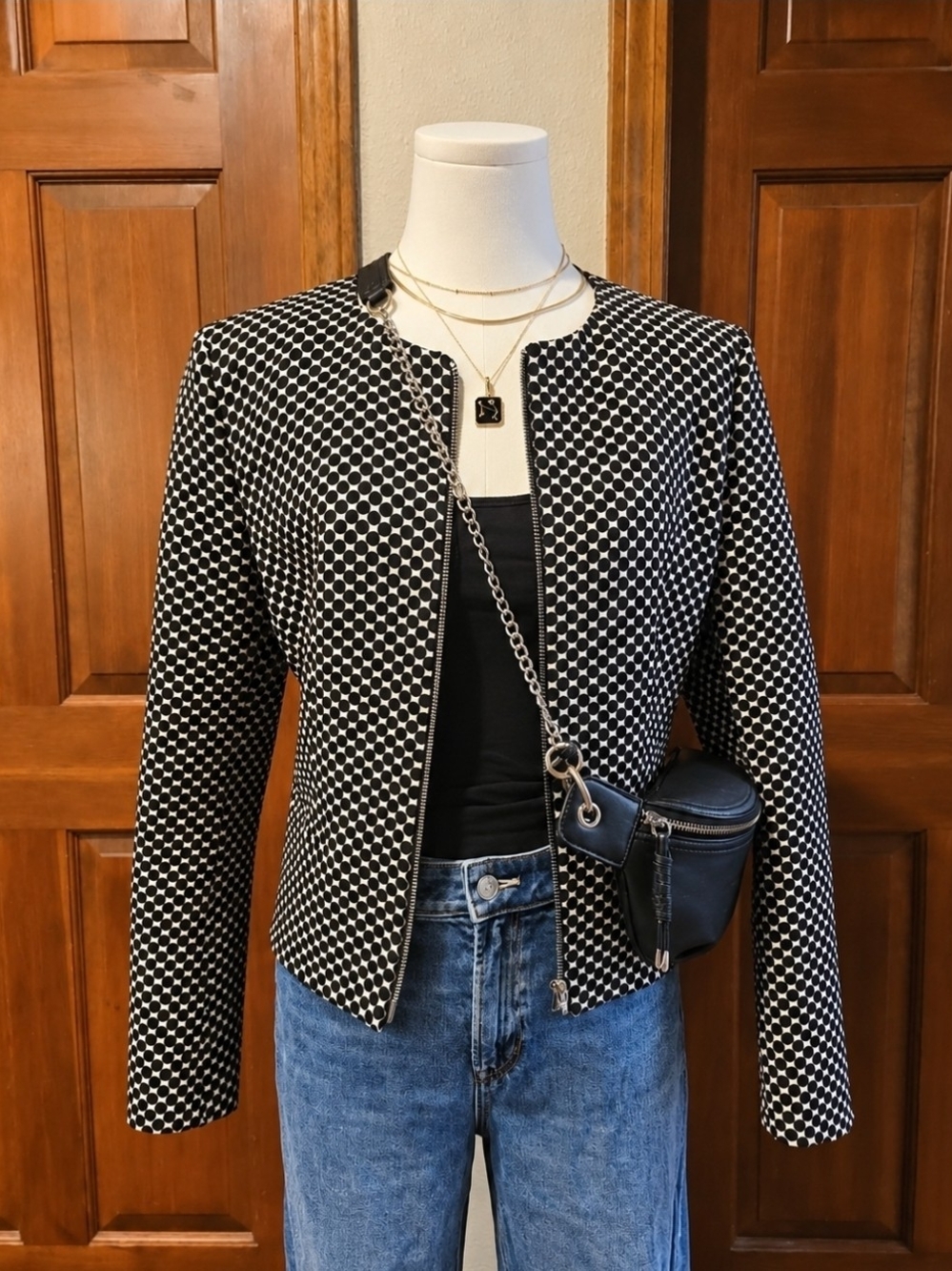 Hugo Boss Black and White Geometric Collarless Jacket